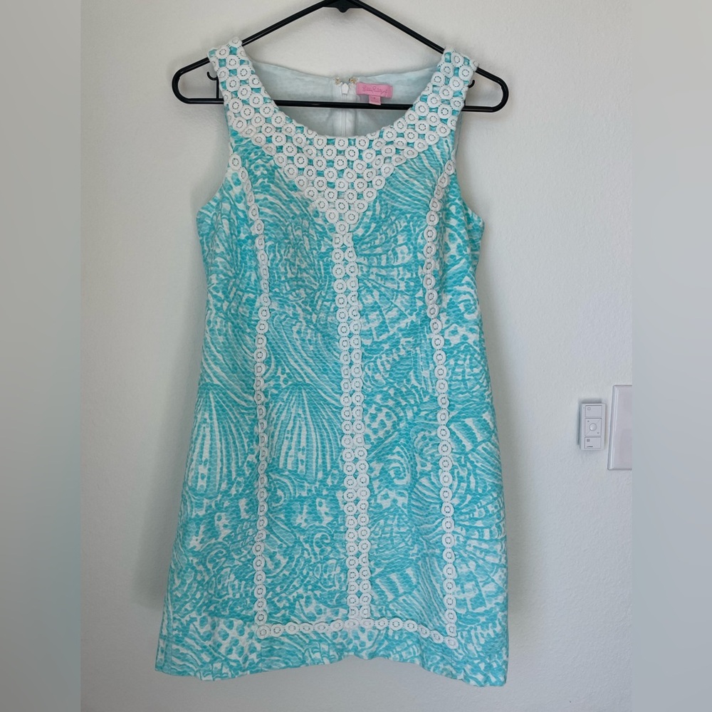 Lilly Pulitzer Size 8 Aqua White Coastal Shell Summer Blue Print Dress Preppy